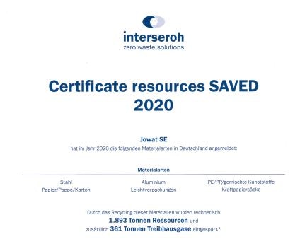 INTERSEROH | CERTIFICATE RESOURCES SAVED 2020